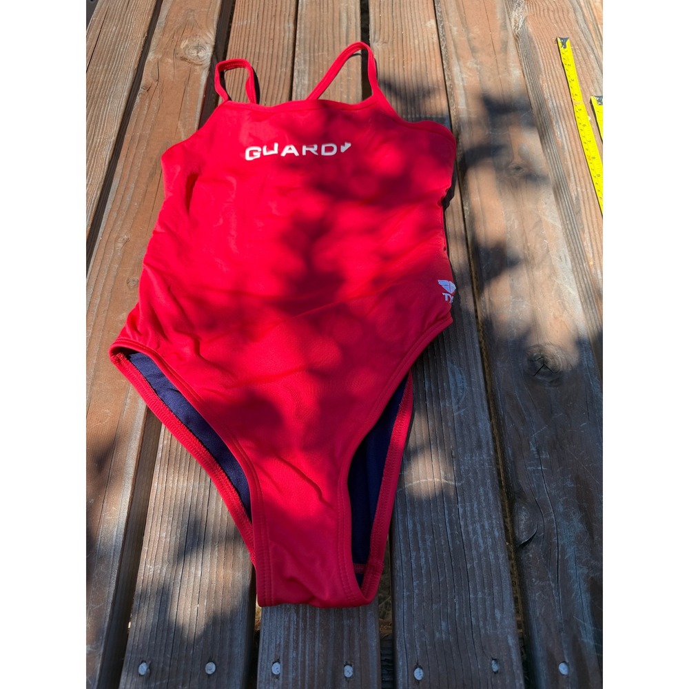 TYR Lifeguard Swimsuit Red One Piece Guard Logo Cross Back Size 34 Womens